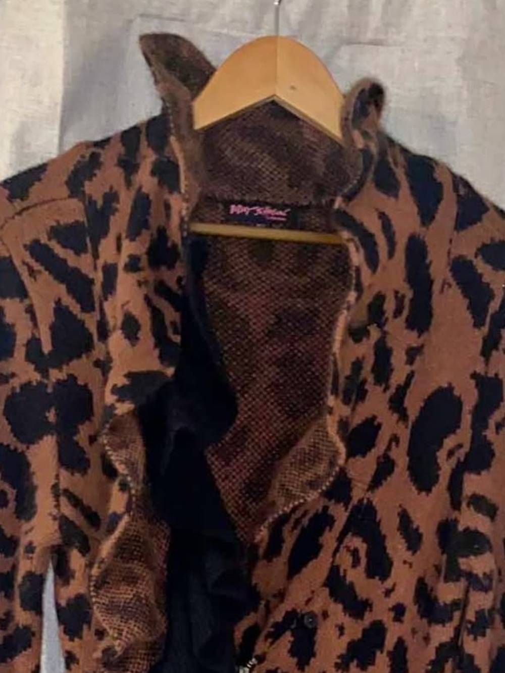Betsey Johnson Vintage Runway Angora Blend Leopard Ruffle Sweater Coat L
